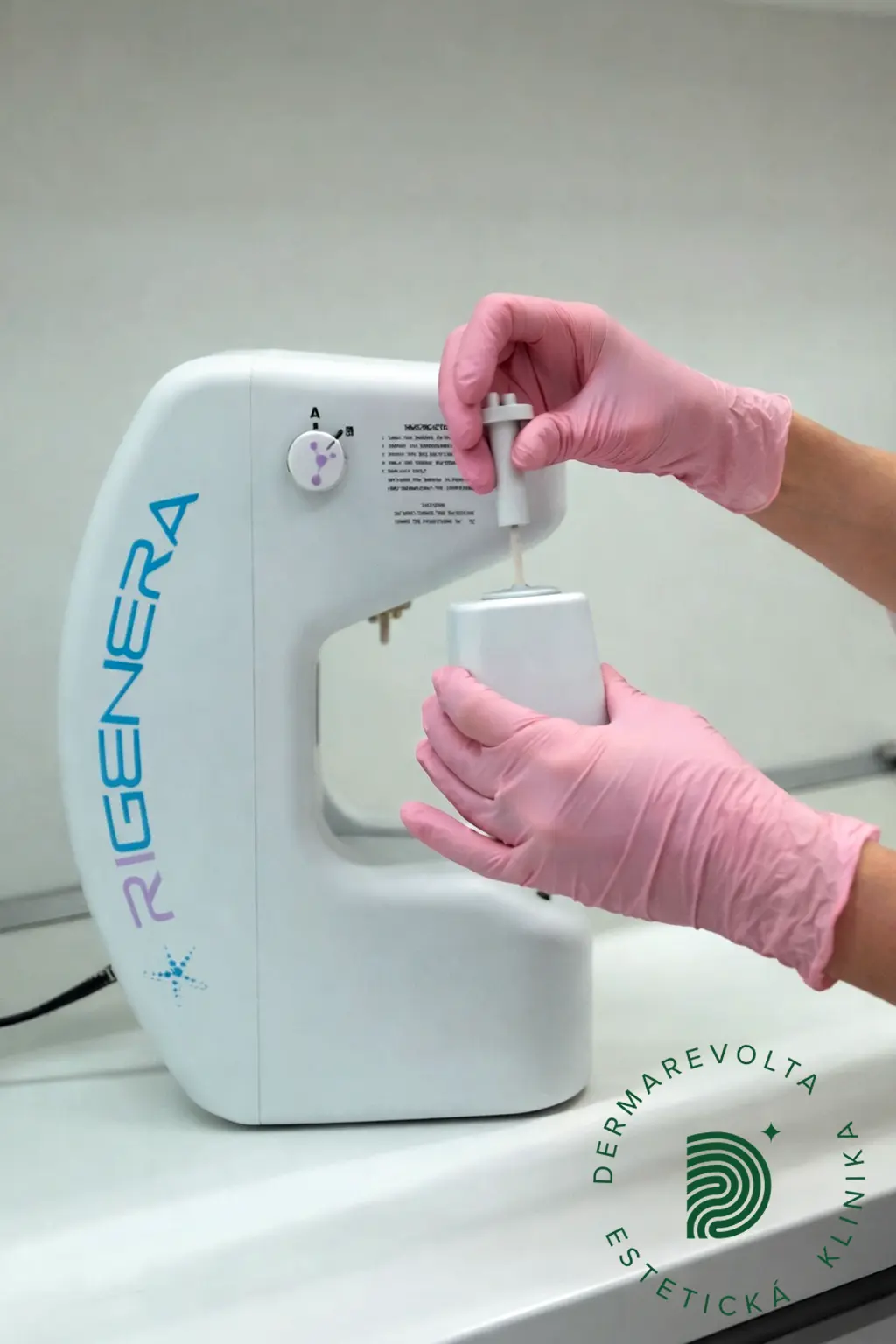 Detail patentovaného talianskeho prístroja Regenera Activa pre bunkovú terapiu vlasov