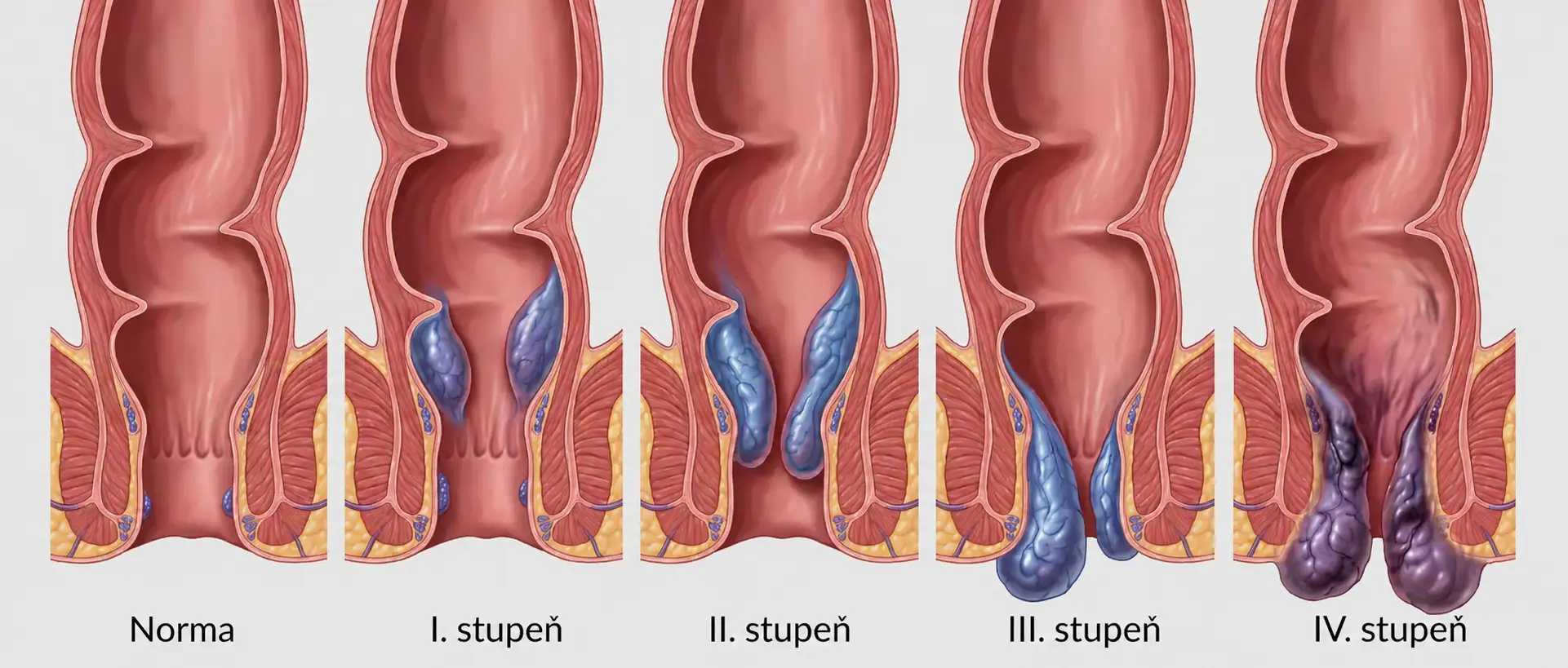 Štádiá vnútorných hemoroidov od normálneho nálezu po IV. stupeň – anatomické zobrazenie
